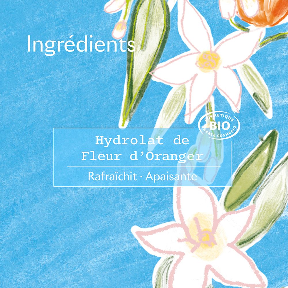 Texte: Ingrédients. Hydrolat de Fleur d'Oranger. Certification bio. Illustrations de fleurs et feuilles.