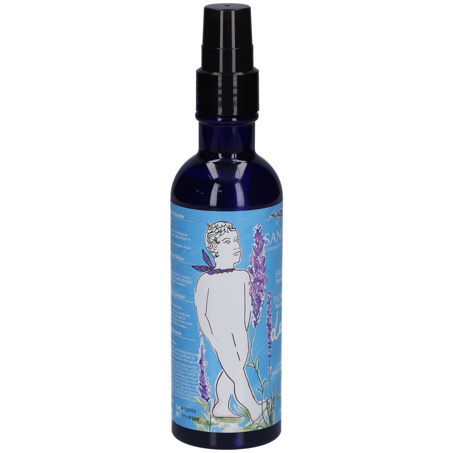 Blauwe fles met zwarte sproeikop. Bedrukt met illustratie van een figuur en lavendel.