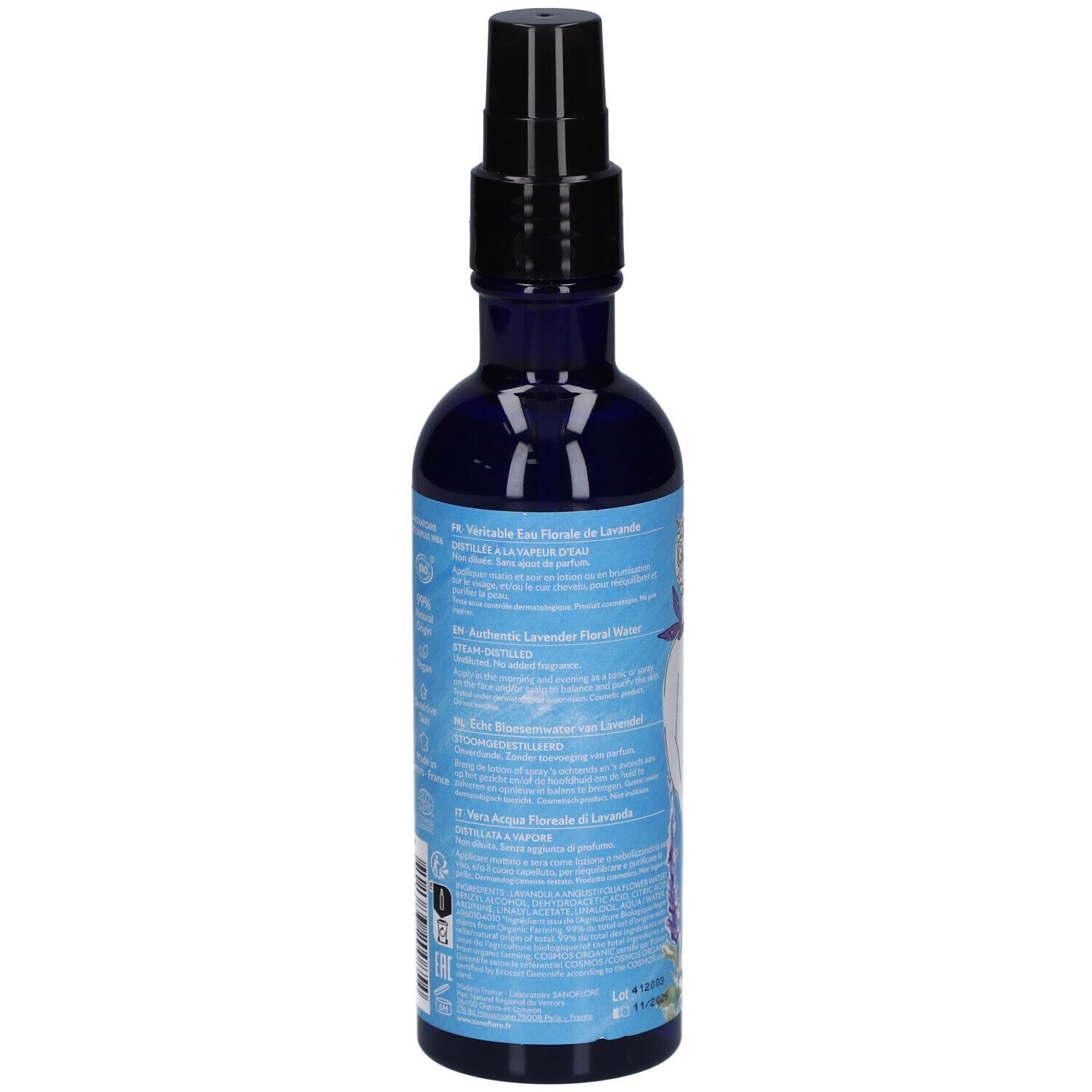 Achterkant van de blauwe fles met zwarte sproeikop. Meertalige tekst. Biologisch label.