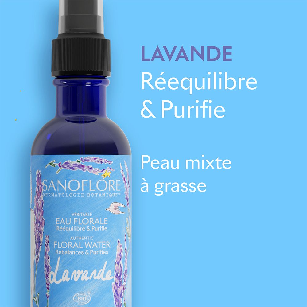 Flacon bleu avec texte: LAVANDE, Réequilibre & Purifie, Peau mixte à grasse. Logo SANOFLORE.