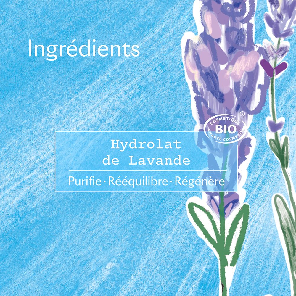 Texte: Ingrédients, Hydrolat de Lavande, Purifie, Réequilibre, Régénère. Certification Bio.
