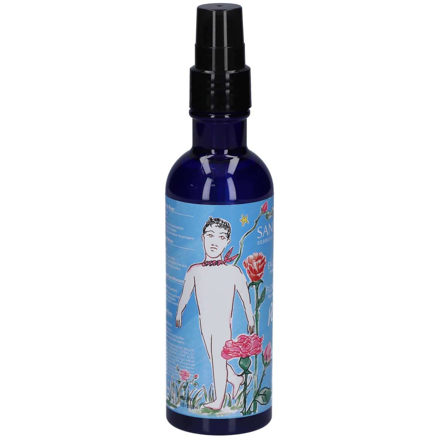 Blauwe fles met zwarte verstuiver. Bedrukking met illustratie van een figuur en rozen.