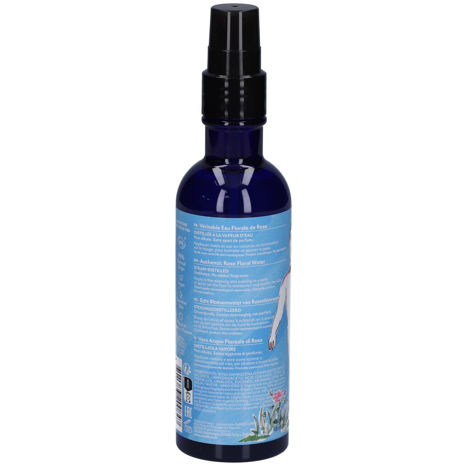 Achterkant van een blauwe fles met zwarte verstuiver. Tekst en illustraties.