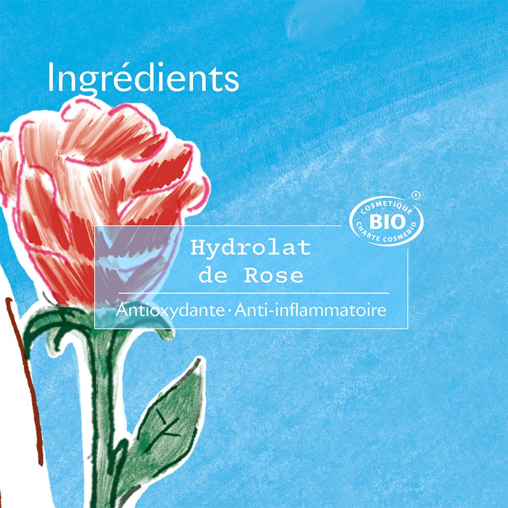Gros plan sur une rose. Texte: Hydrolat de Rose. Certification bio. Anti-inflammatoire.