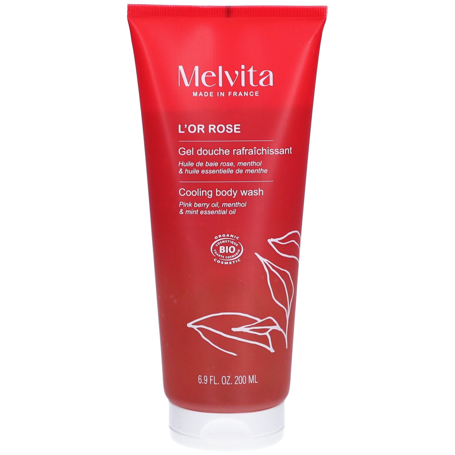 Rode tube met "Melvita" en "L'OR ROSE". Verkoelende douchegel. Bio-certificering zichtbaar.