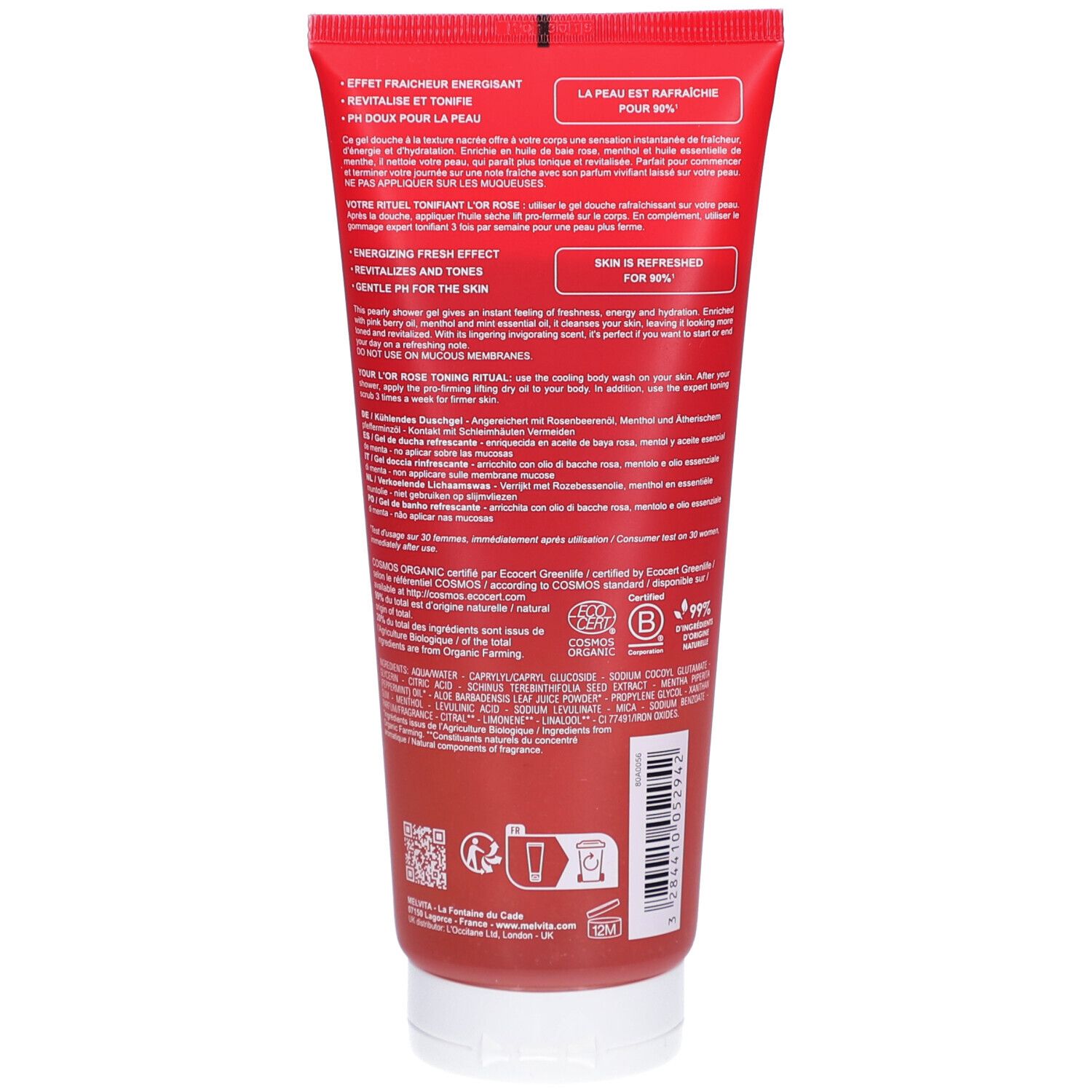Achterkant van de rode tube. Tekstinformatie, ingrediënten, bio-certificering en barcode zichtbaar.
