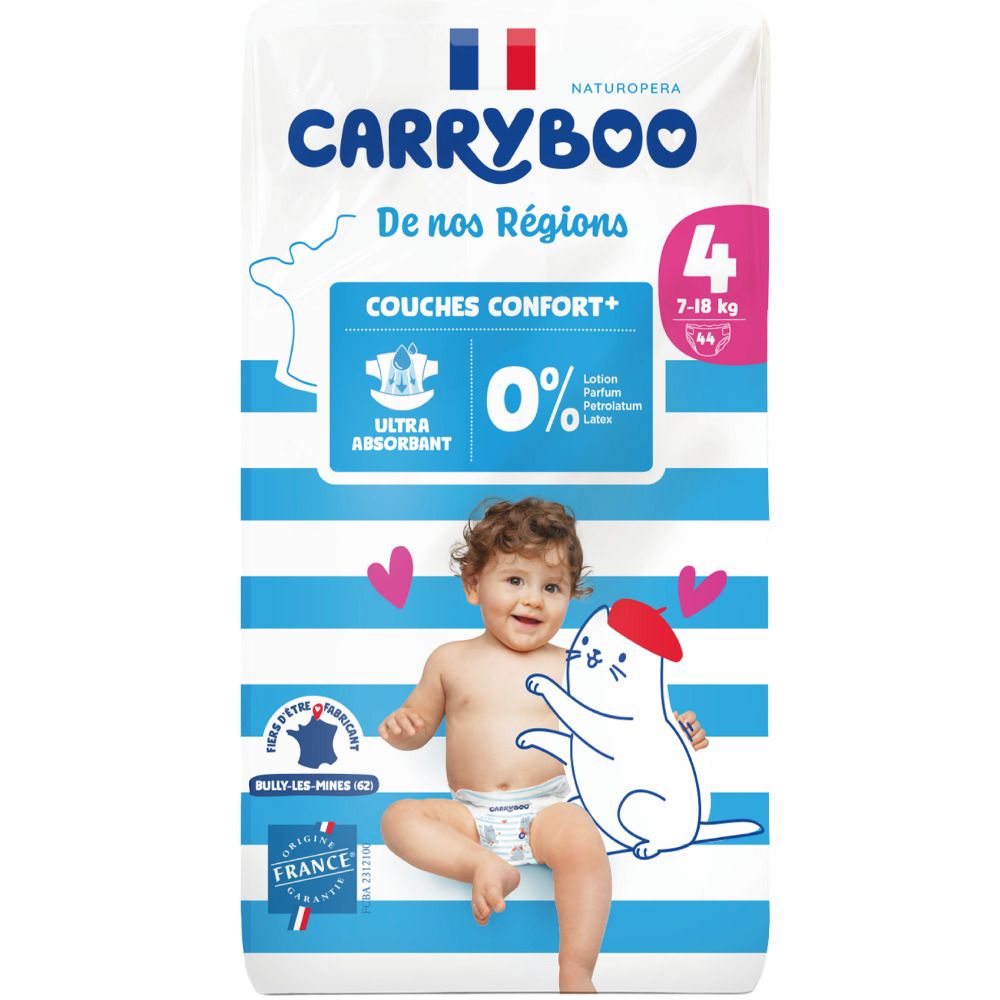 Pack de couches Carryboo taille 4 (7-18 kg) avec rayures bleues et un bébé.