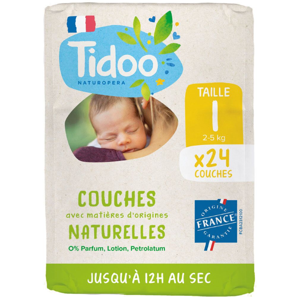 Tidoo Naturopera Couches, Taille 1, Paquet de 24. Matières d'origines naturelles, 0% Parfum, Lotion, Petrolatum. Jusqu'à 12h au sec.