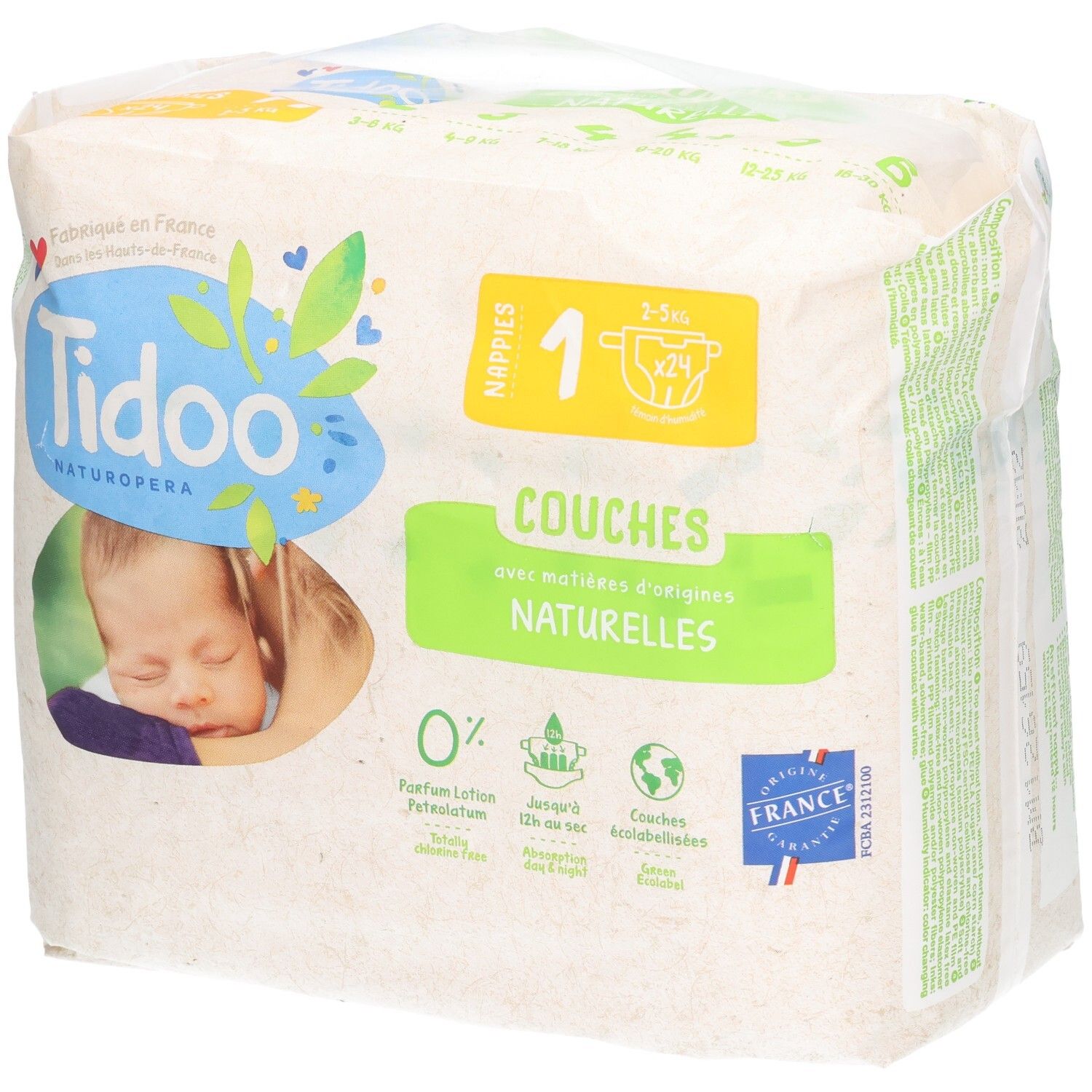 Tidoo Naturopera couches taille 1, 2-5 kg. Lot de 24. Fabriqué en France.