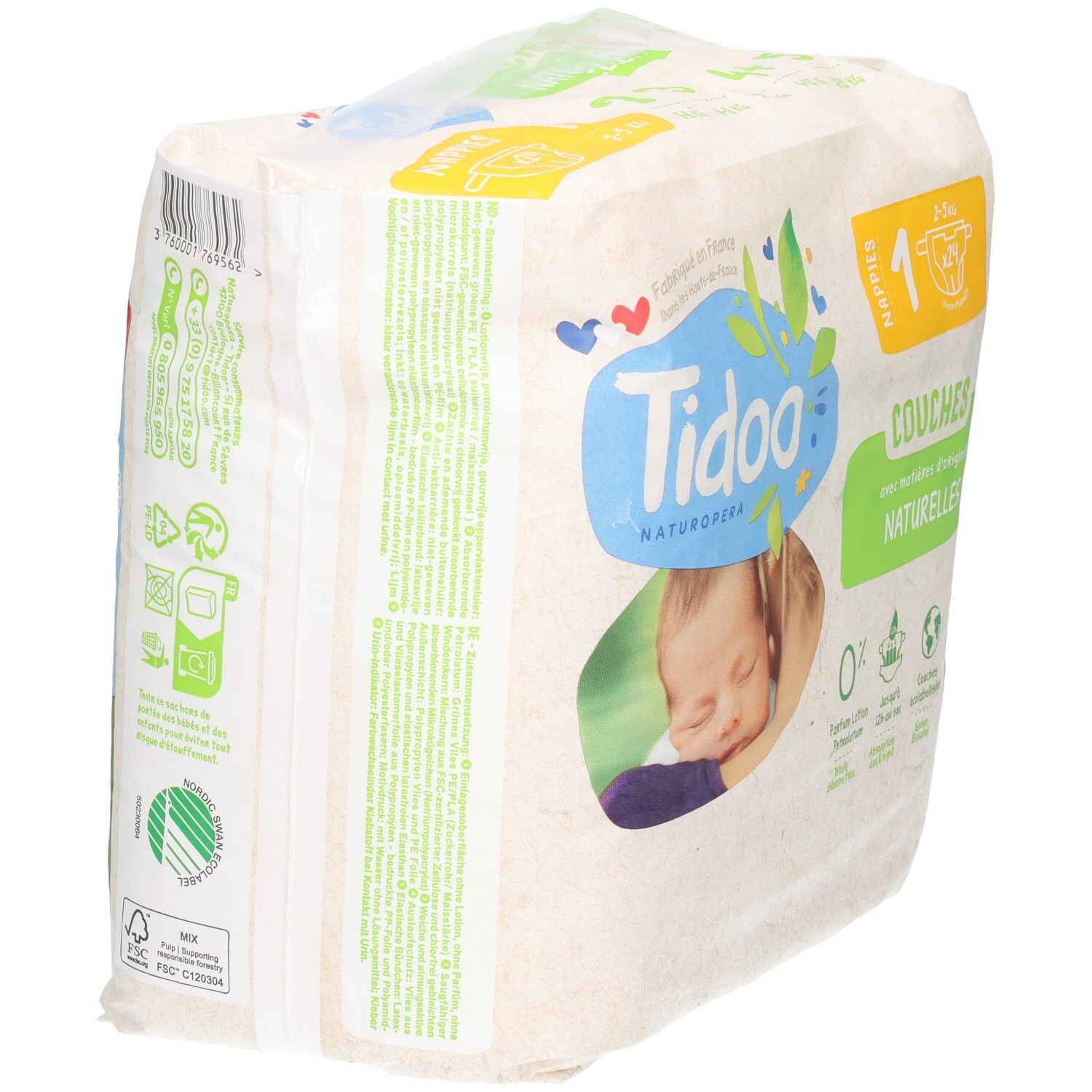 Emballage de couches bébé Tidoo Naturkind, taille 1, 20 pièces.