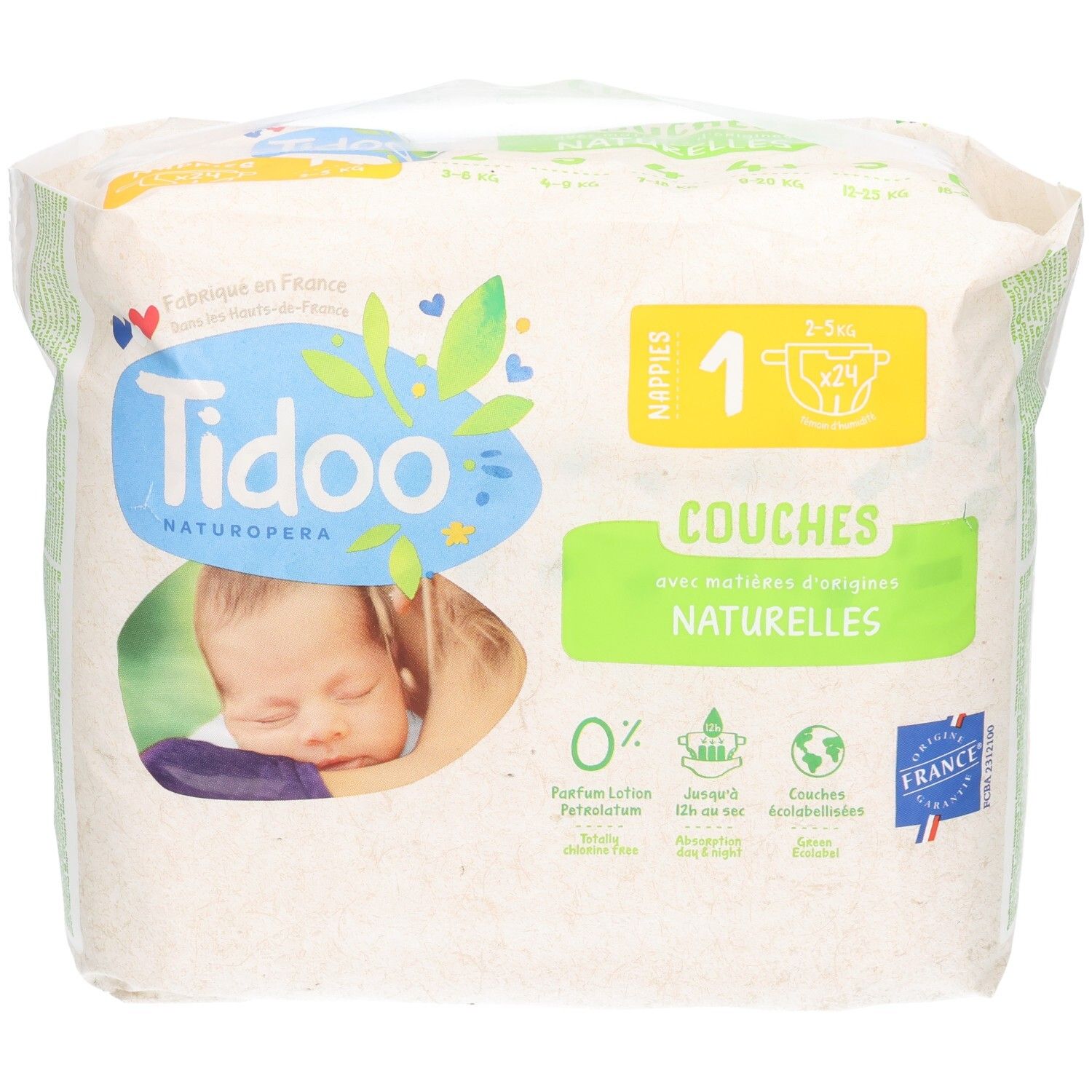 Tidoo Naturopéra Couches Taille 1, 2-5 kg, 24 pièces. Couches naturelles.