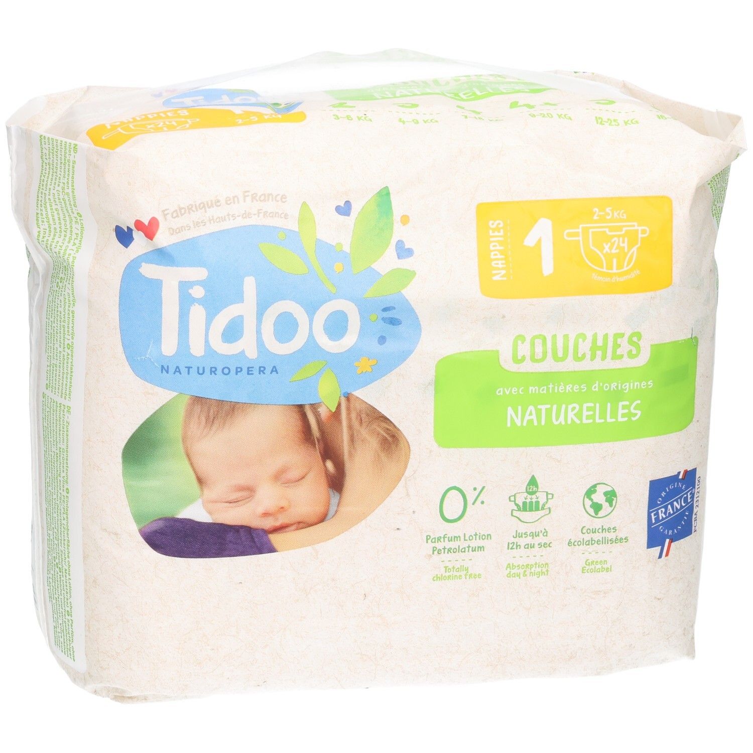 Paquet de couches Tidoo Naturopera taille 1, 3-5 kg. Couches naturelles.