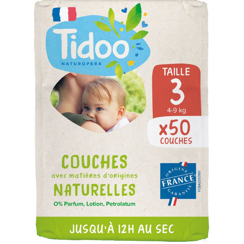 Tidoo Naturals Luiers, maat 3, 50 stuks. Natuurlijke ingrediënten, 0% Parfum, Lotion, Petrolatum. Tot 12u droog.