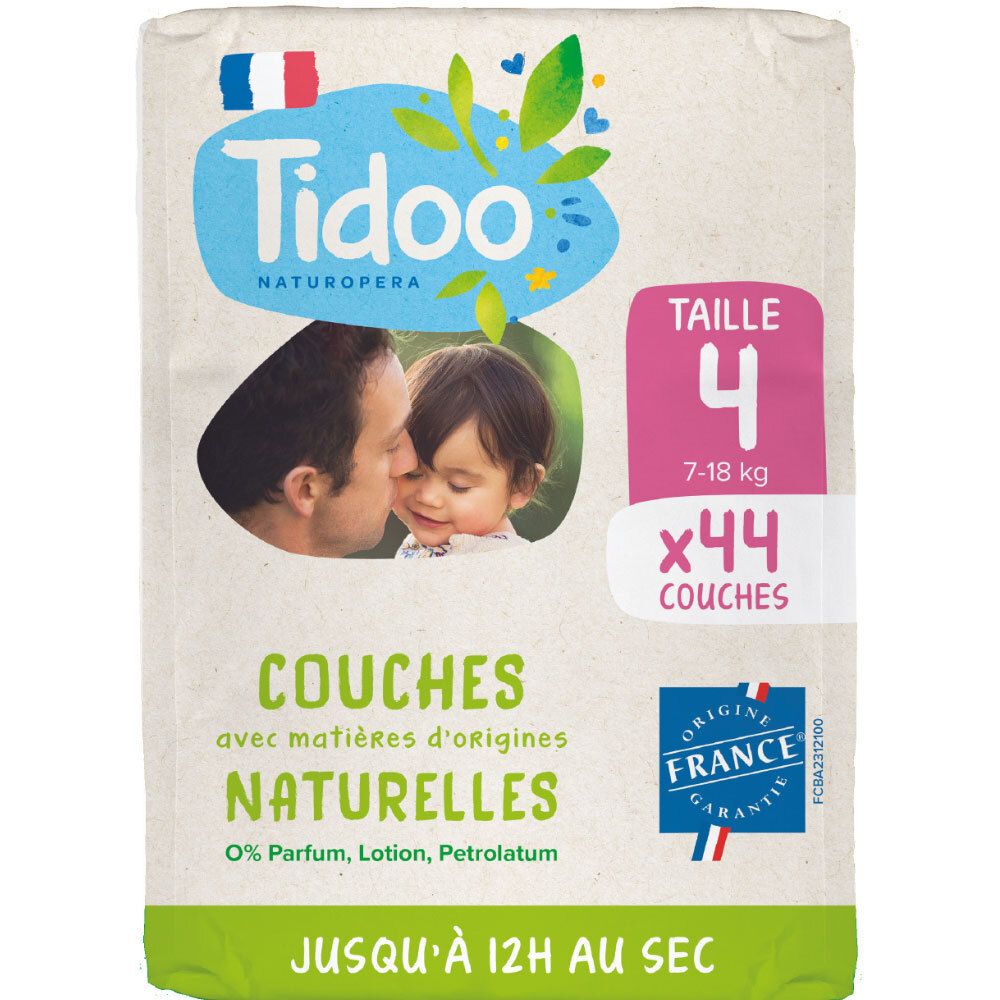 Tidoo Naturopera Couches, Taille 4, Packung mit 44. Ingrédients d'origine naturelle, 0% Parfum, Lotion, Petrolatum. Jusqu'à 12h au sec.