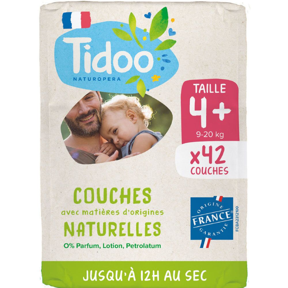 Tidoo Naturopera couches, taille 4+, 42 couches, 9-20 kg. Matières d'origines naturelles, 0% Parfum, Lotion, Petrolatum.