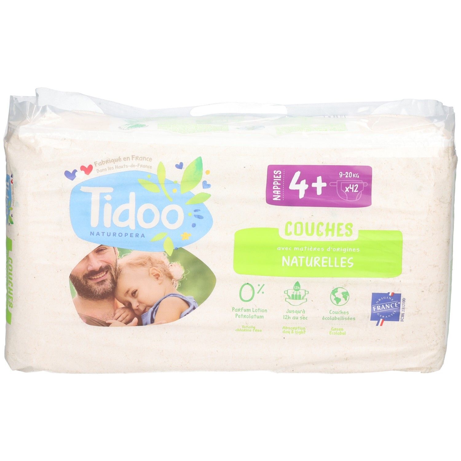 Tidoo Naturopera Couches, Taille 4+, 9-20 kg, 42 unités. Couches naturelles, 0% lotion, sans chlore, biodégradables. Fabriqué en France.