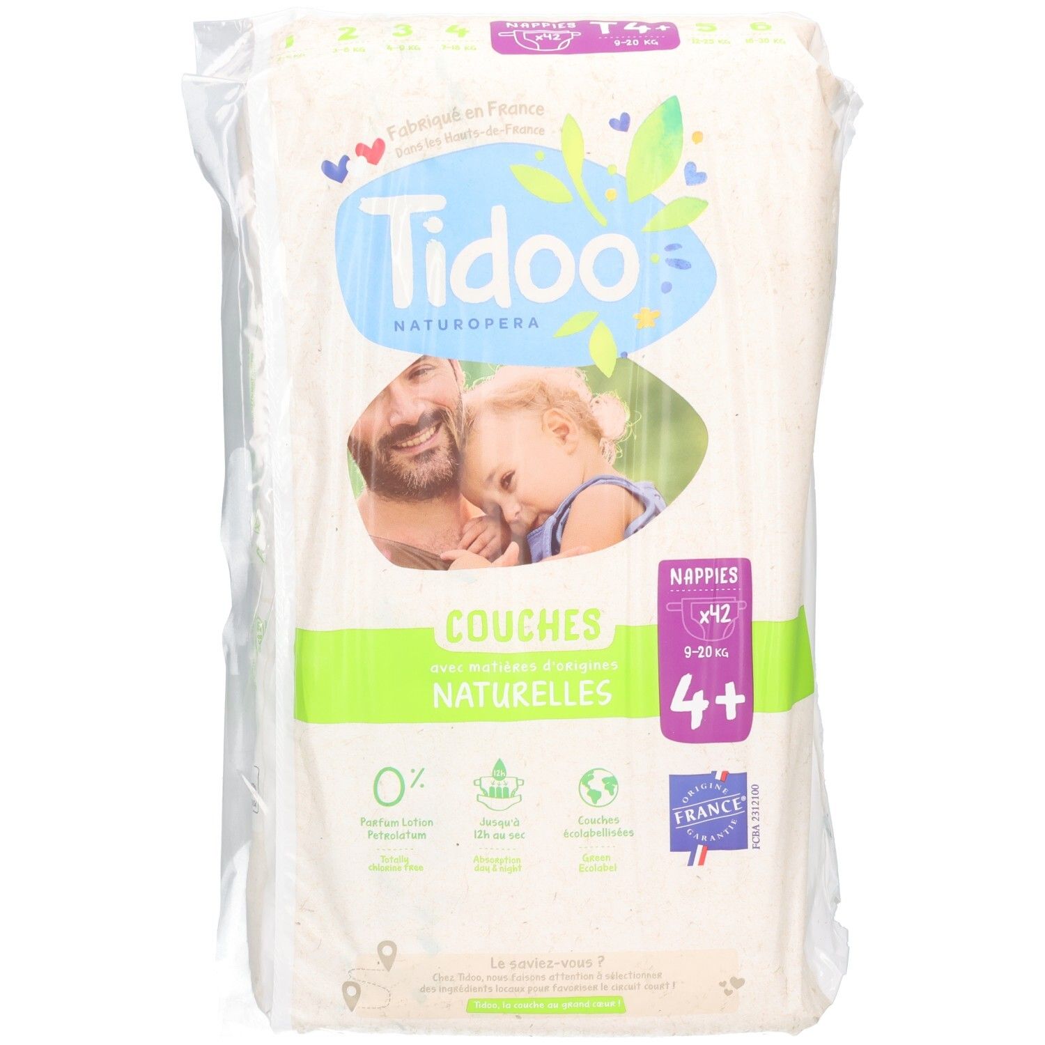 Tidoo Naturopéra Couches, taille 4+, 9-20 kg, lot de 42. Fabriqué en France.