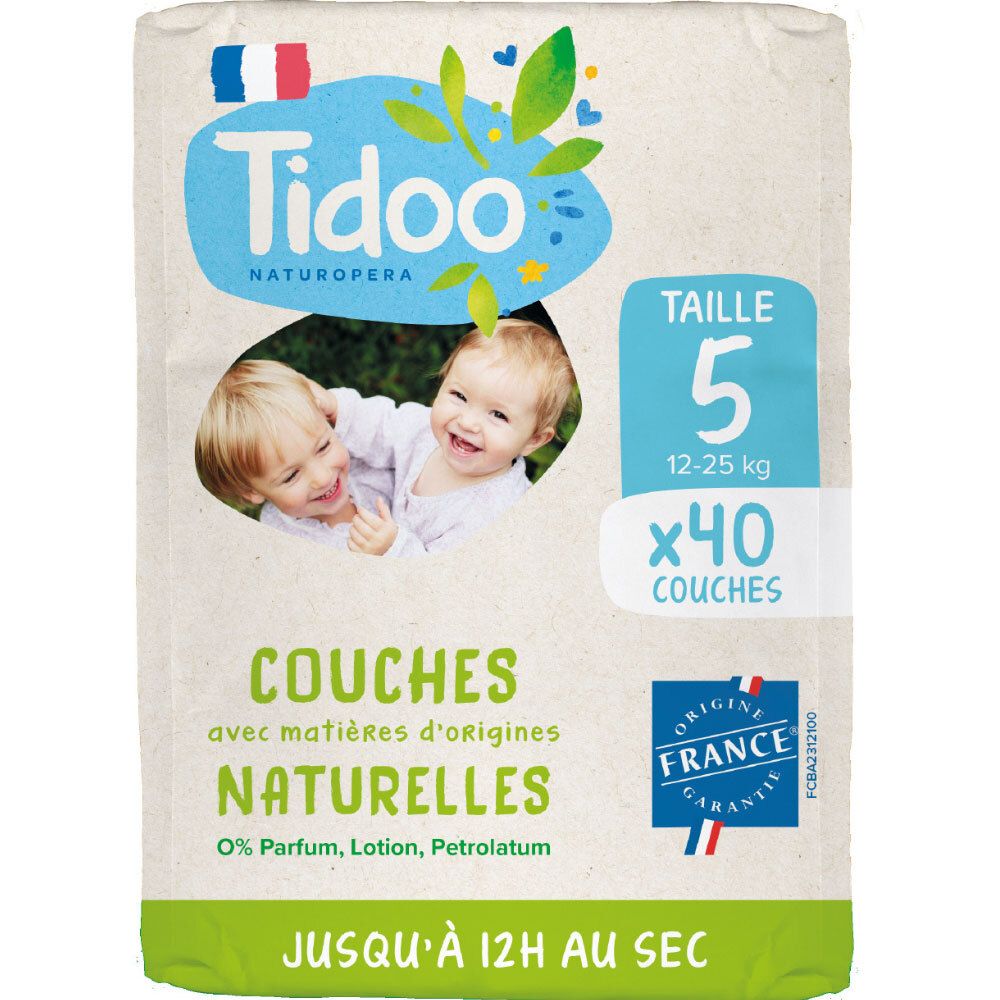 Pak luiers Tidoo maat 5, 40 luiers, voor 12-25 kg. Natuurlijke materialen, parfumvrij.