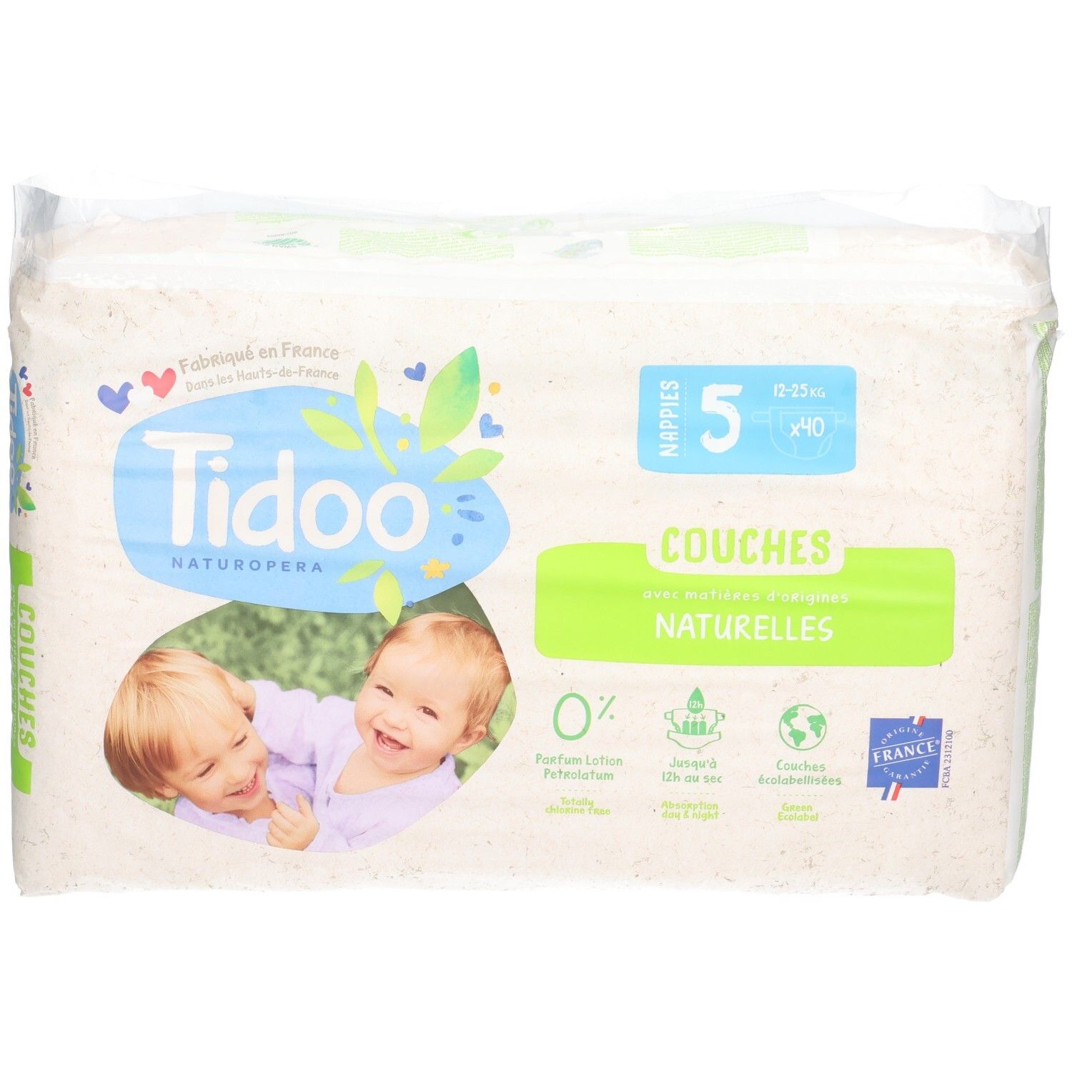 Pak Tidoo Naturals luiers, maat 5, 40 luiers. Gemaakt in Frankrijk.