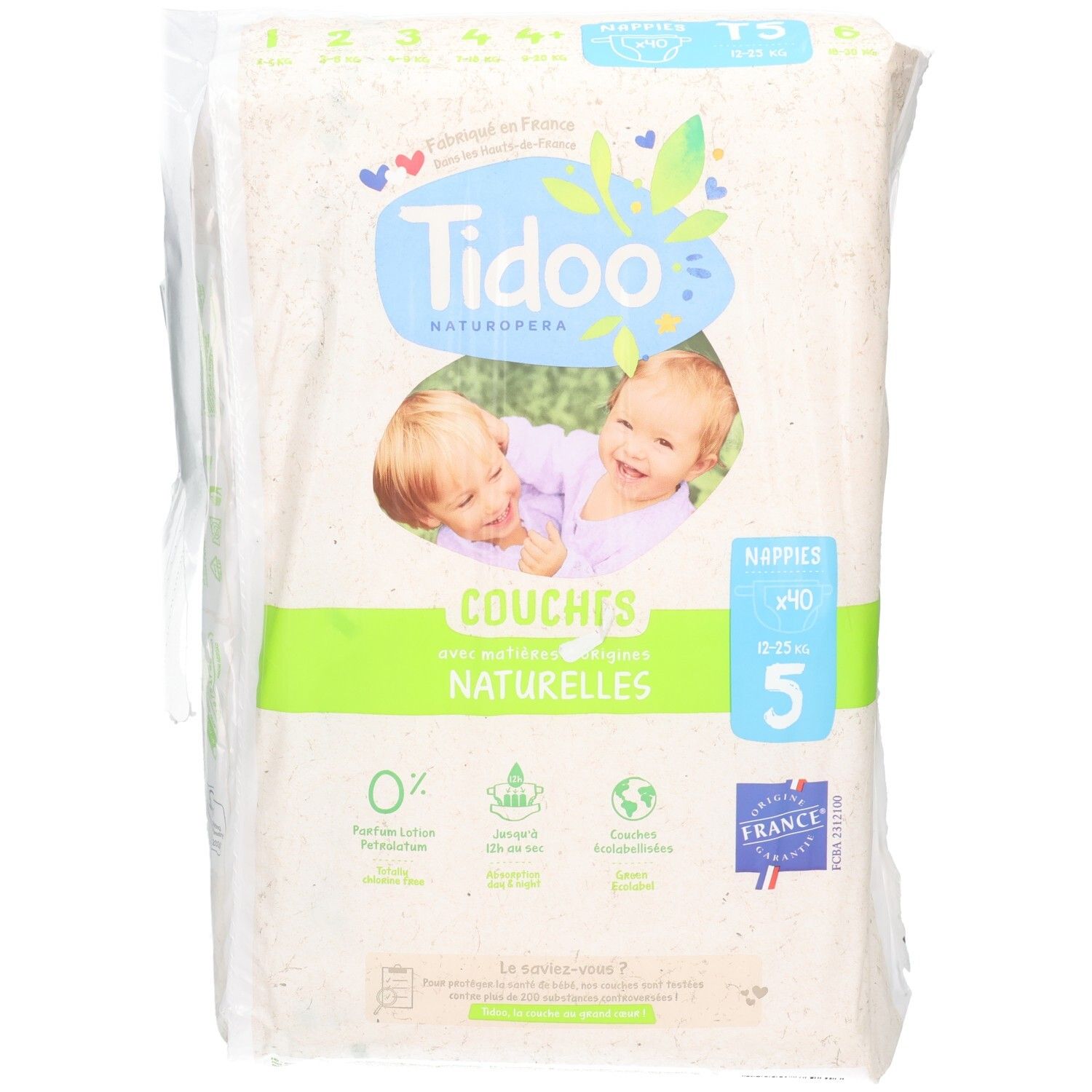 Tidoo Naturopéra Luiers, maat 5, 40 stuks. Natuurlijke luiers met twee lachende baby's op de verpakking.