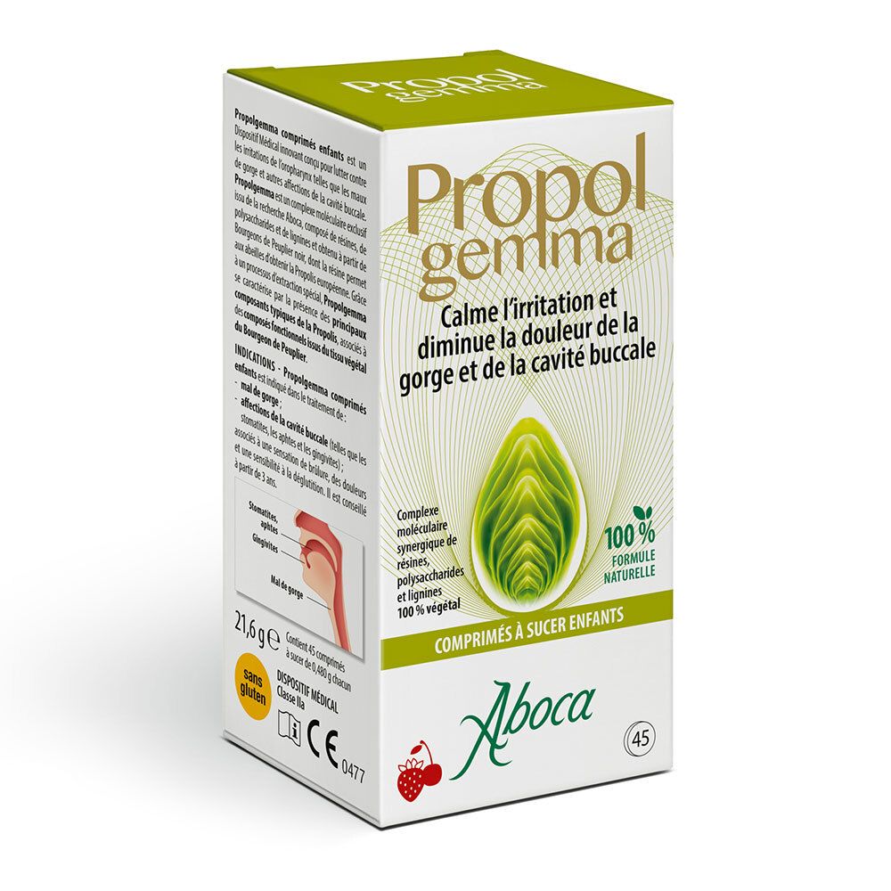 Doosje Propolgemma. Groen-witte verpakking met productnaam, logo en informatie. 45 tabletten.