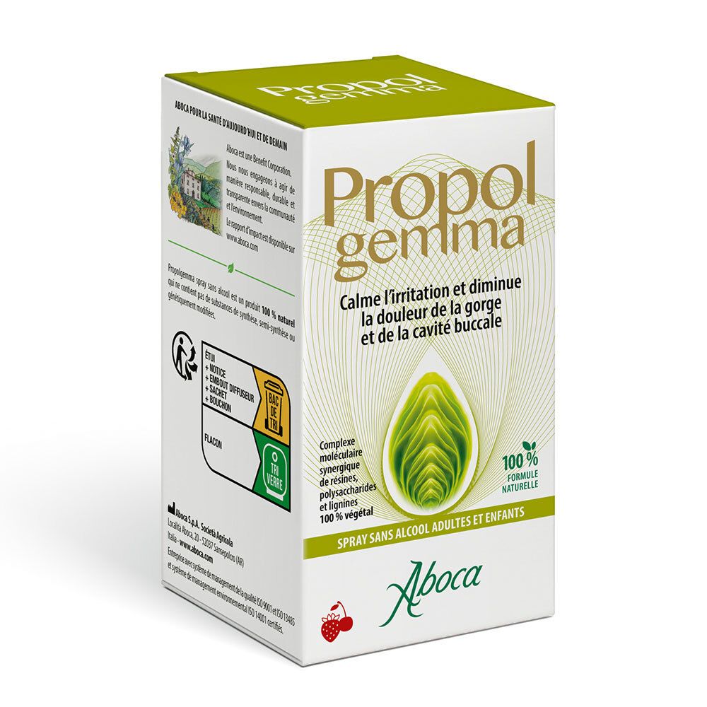 Doos met productopdruk. Opschrift "Propolgemma". Logo "Aboca". Groen-witte verpakking. Tekst in het Frans.
