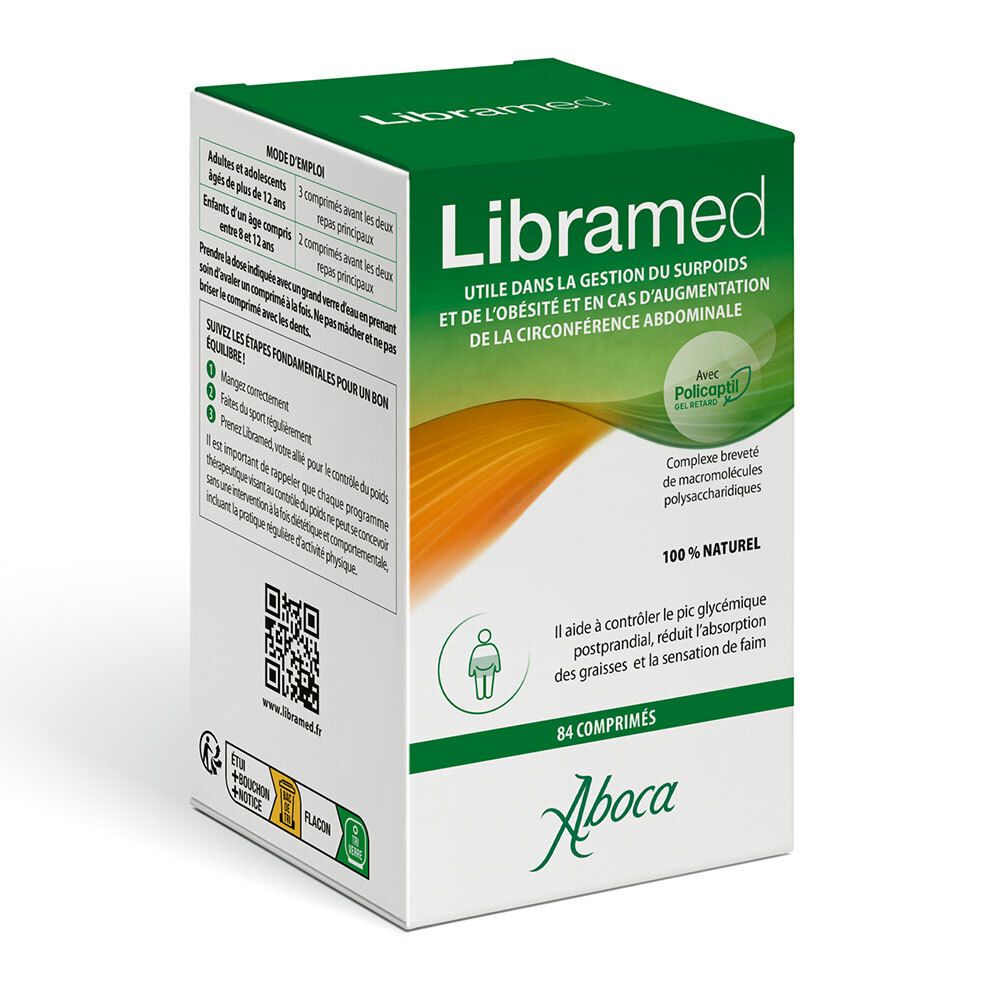 Groene en witte doos met Libramed. Bevat 84 tabletten. Aboca-logo onderaan. Tekst in het Frans.
