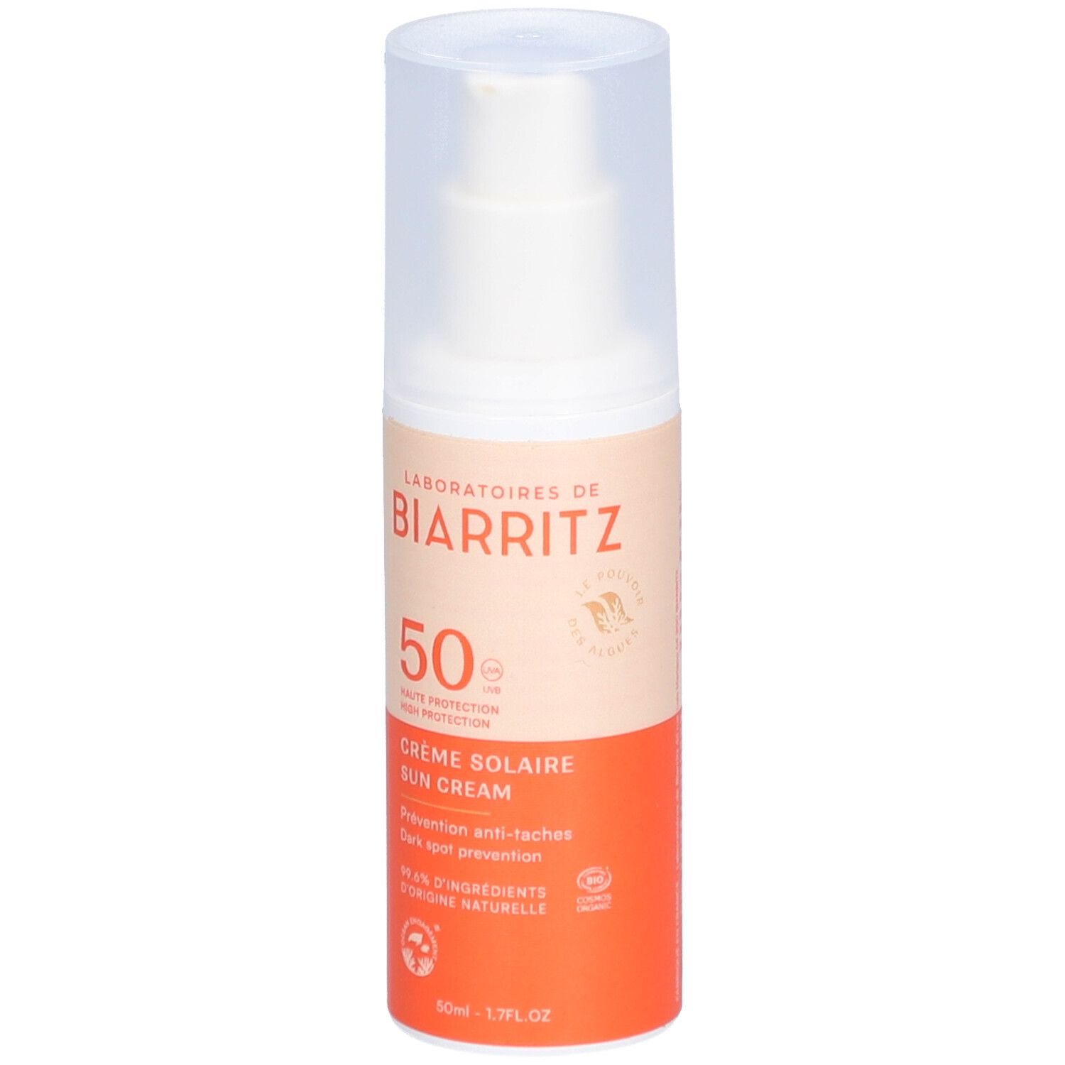 Flacon de crème solaire LABORATOIRES DE BIARRITZ, SPF 50. Crème solaire, prévention anti-taches.