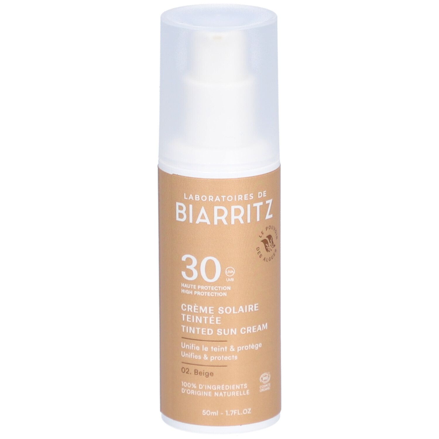 Crème solaire teintée beige. LABORATOIRES DE BIARRITZ. SPF 30. Flacon avec pompe.
