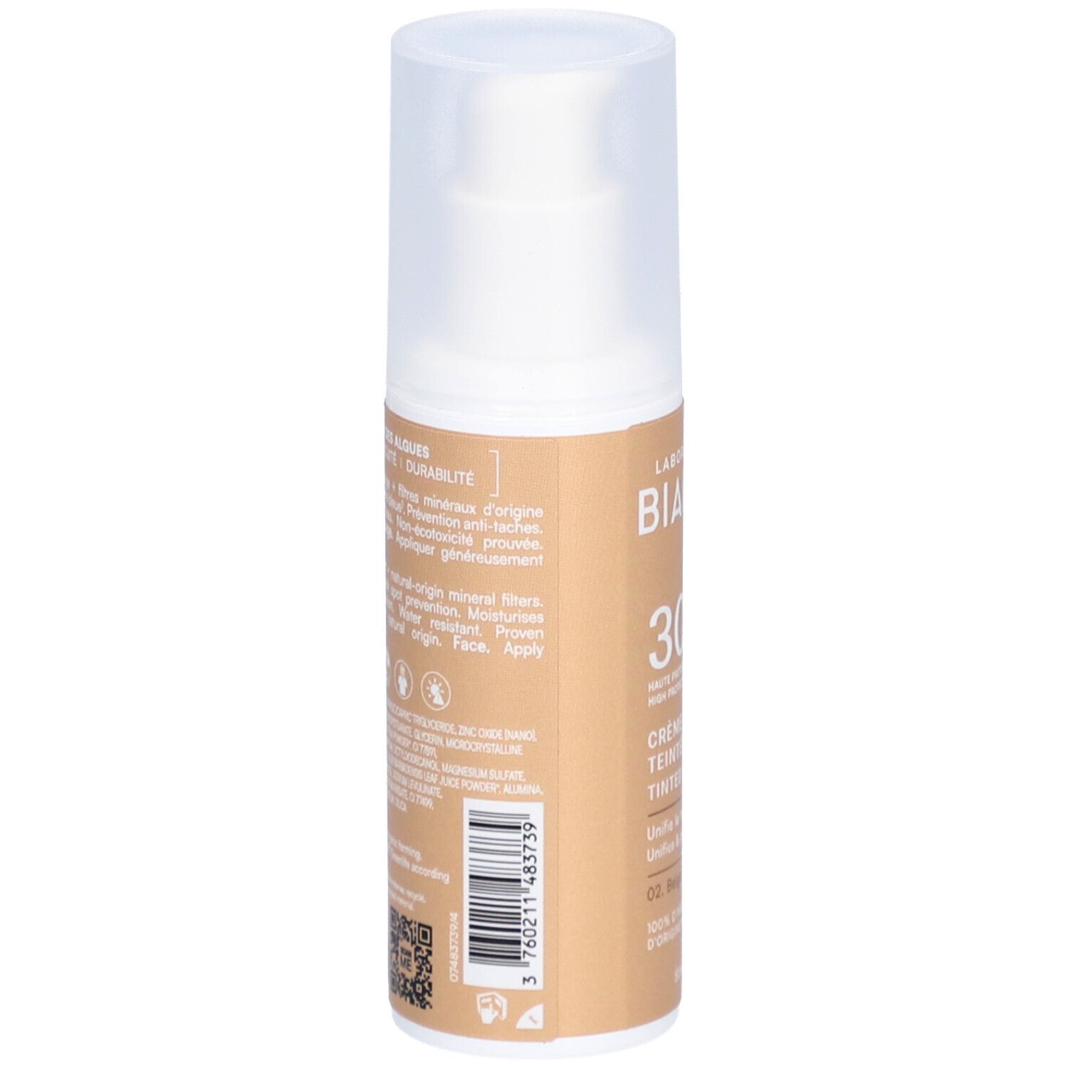 Dos de flacon de crème solaire. Texte descriptif. LABORATOIRES DE BIARRITZ. Ingrédients, instructions.