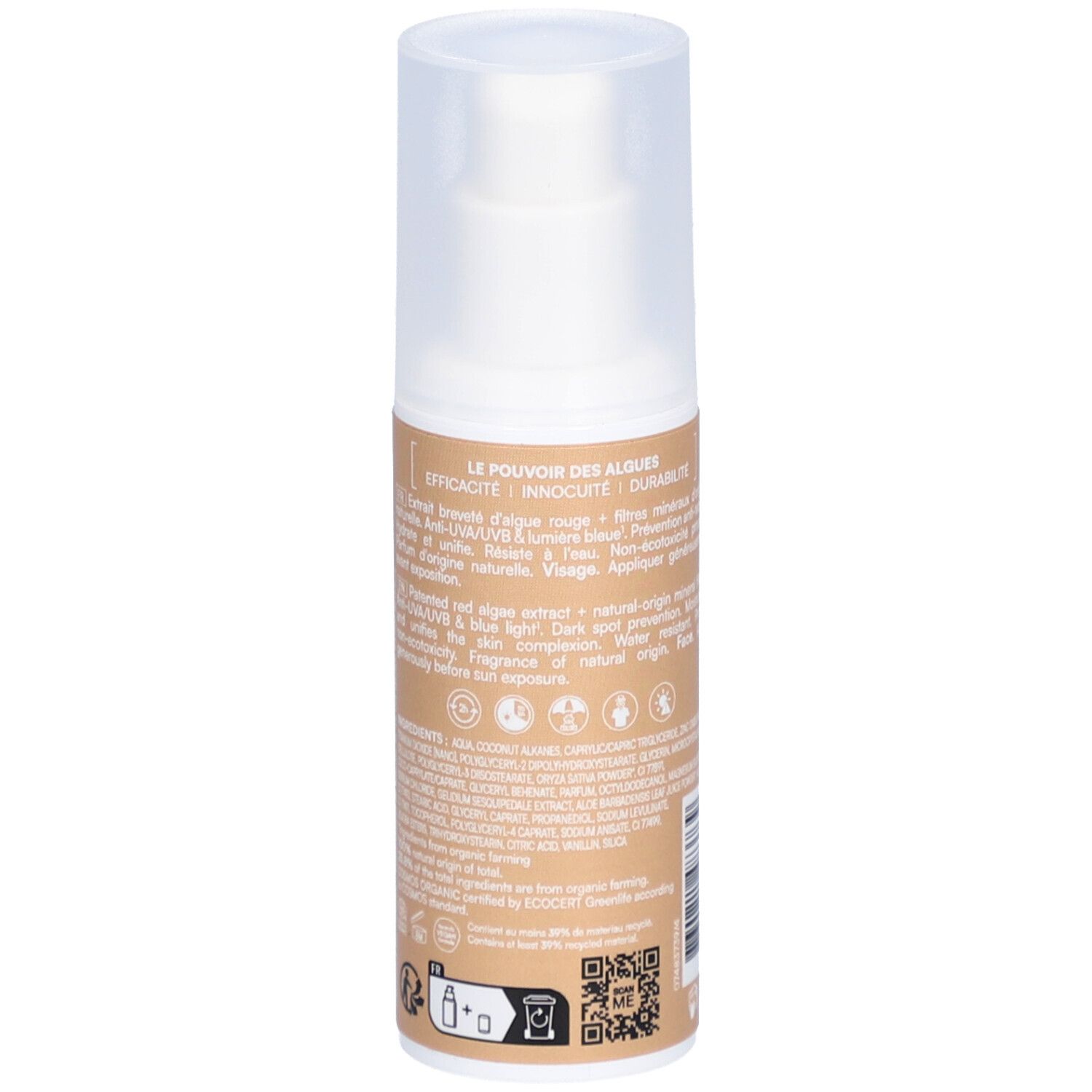 Dos de flacon de crème solaire. Texte descriptif. LABORATOIRES DE BIARRITZ. Ingrédients, instructions.