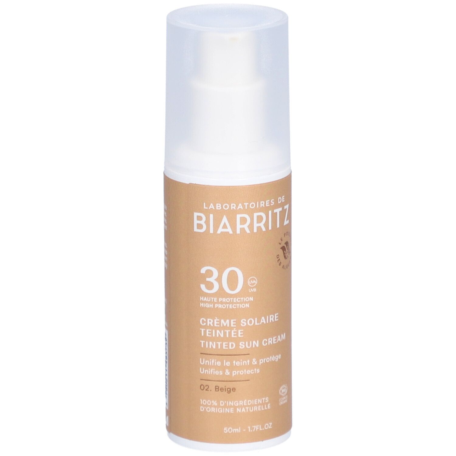 Crème solaire teintée beige. LABORATOIRES DE BIARRITZ. SPF 30. Flacon avec pompe.