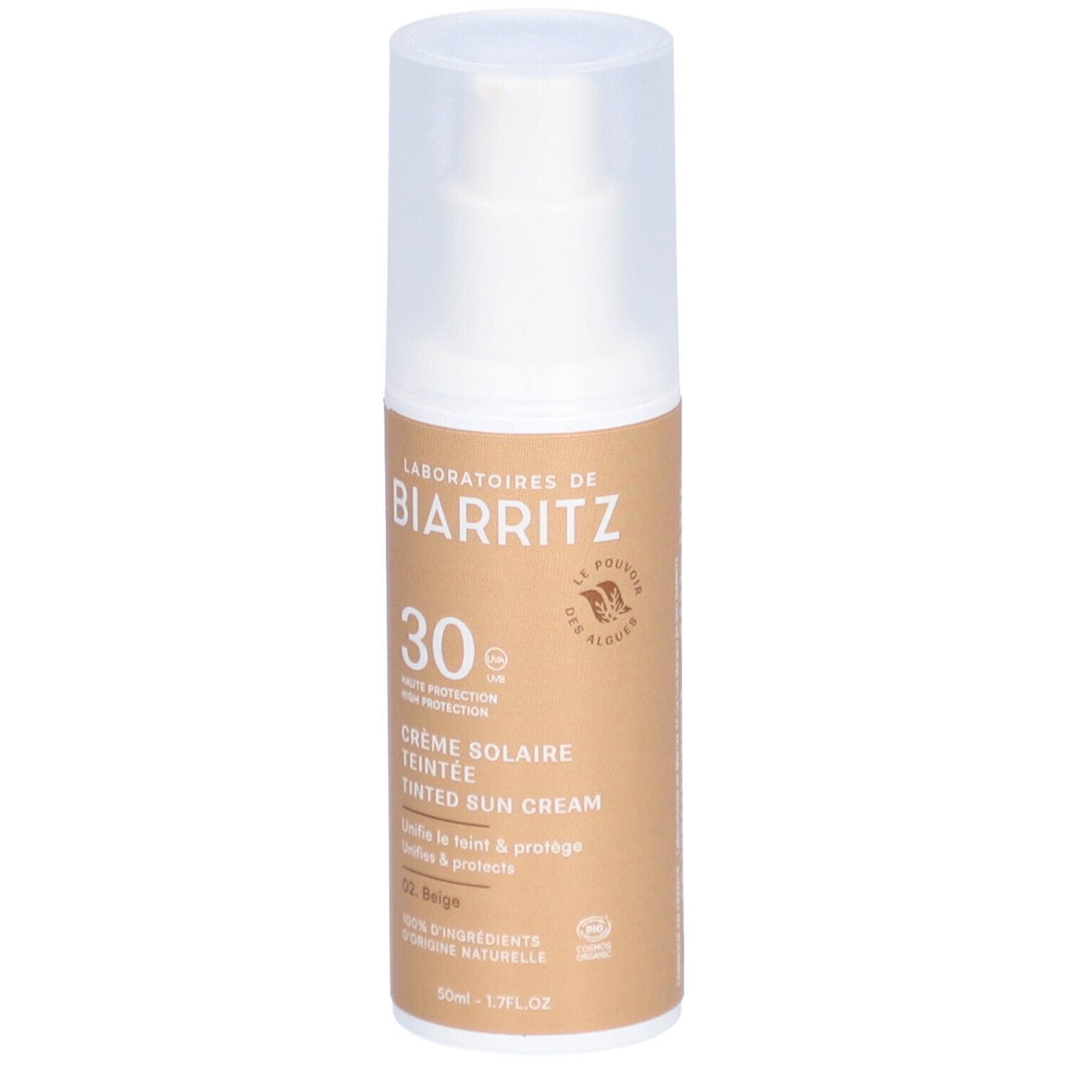 Crème solaire teintée beige. LABORATOIRES DE BIARRITZ. SPF 30. Flacon avec pompe.