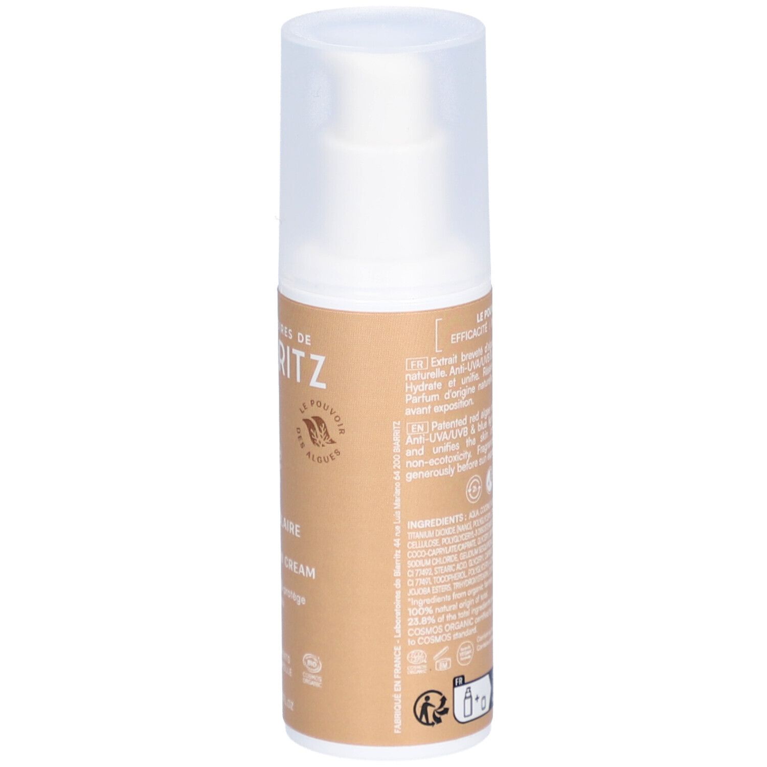 Dos de flacon de crème solaire. Texte descriptif. LABORATOIRES DE BIARRITZ. Ingrédients, instructions.