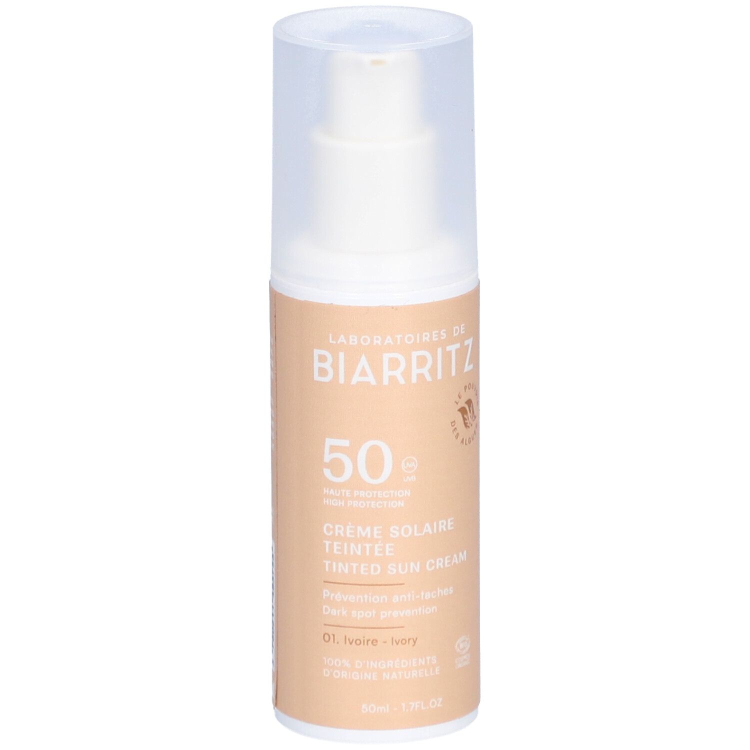 Flacon de crème solaire teintée beige avec bouchon blanc. Inscriptions: LABORATOIRES DE BIARRITZ, 50 SPF, Crème Solaire Teintée, 01 Ivoire.