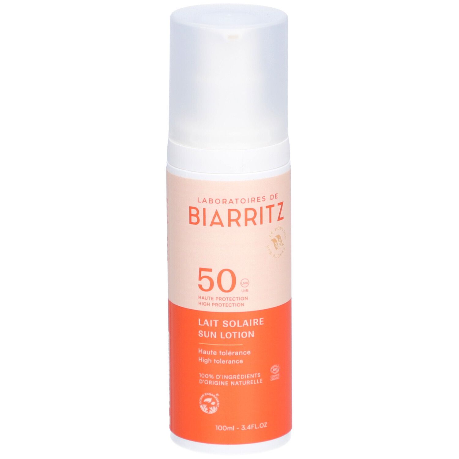 Flacon de lotion solaire. Distributeur blanc, base orange. Texte: LABORATOIRES DE BIARRITZ, SPF 50, Lait Solaire Sun Lotion.