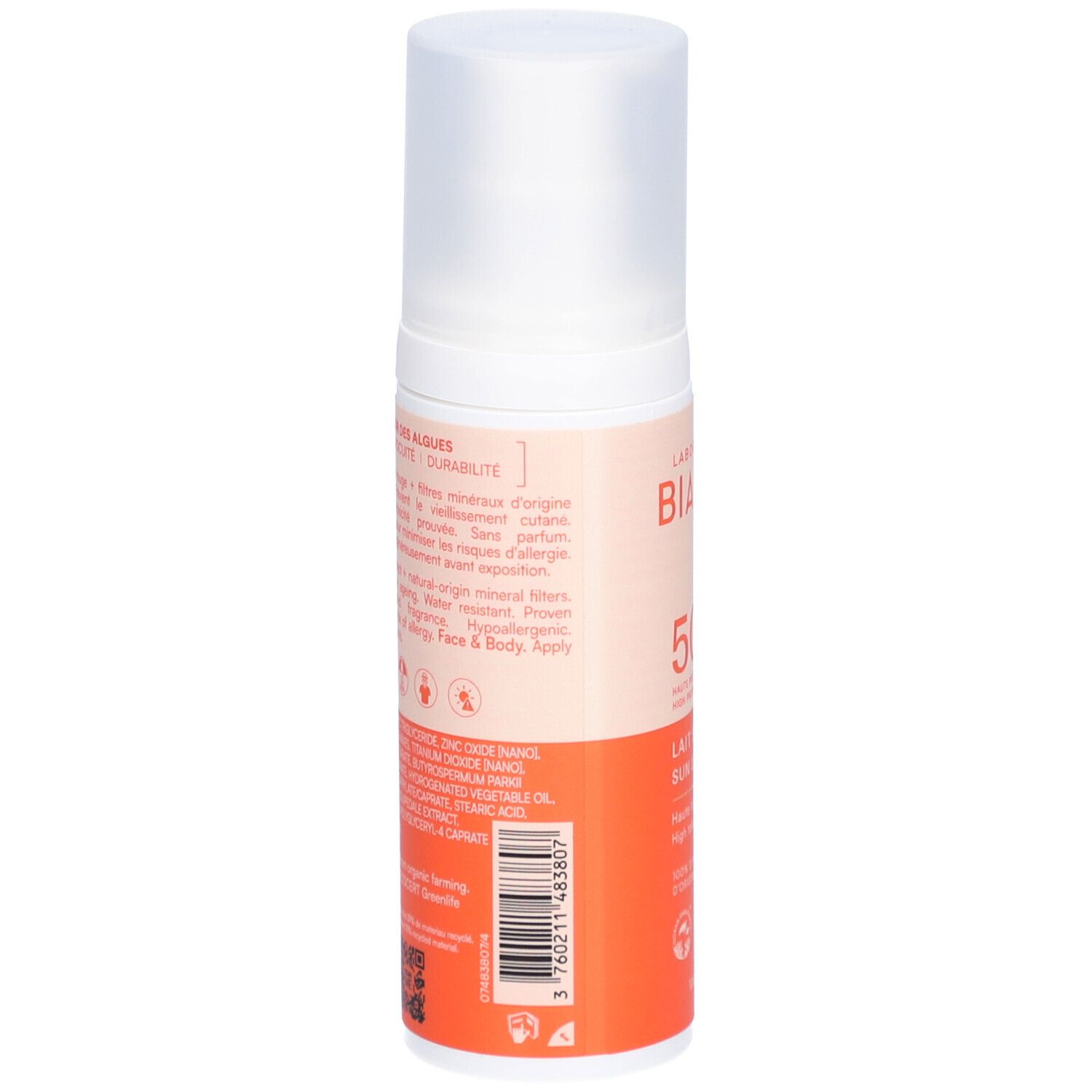 Dos du flacon de lotion solaire. Texte: Ingrédients, filtres minéraux, 100% d'origine naturelle, code-barres.