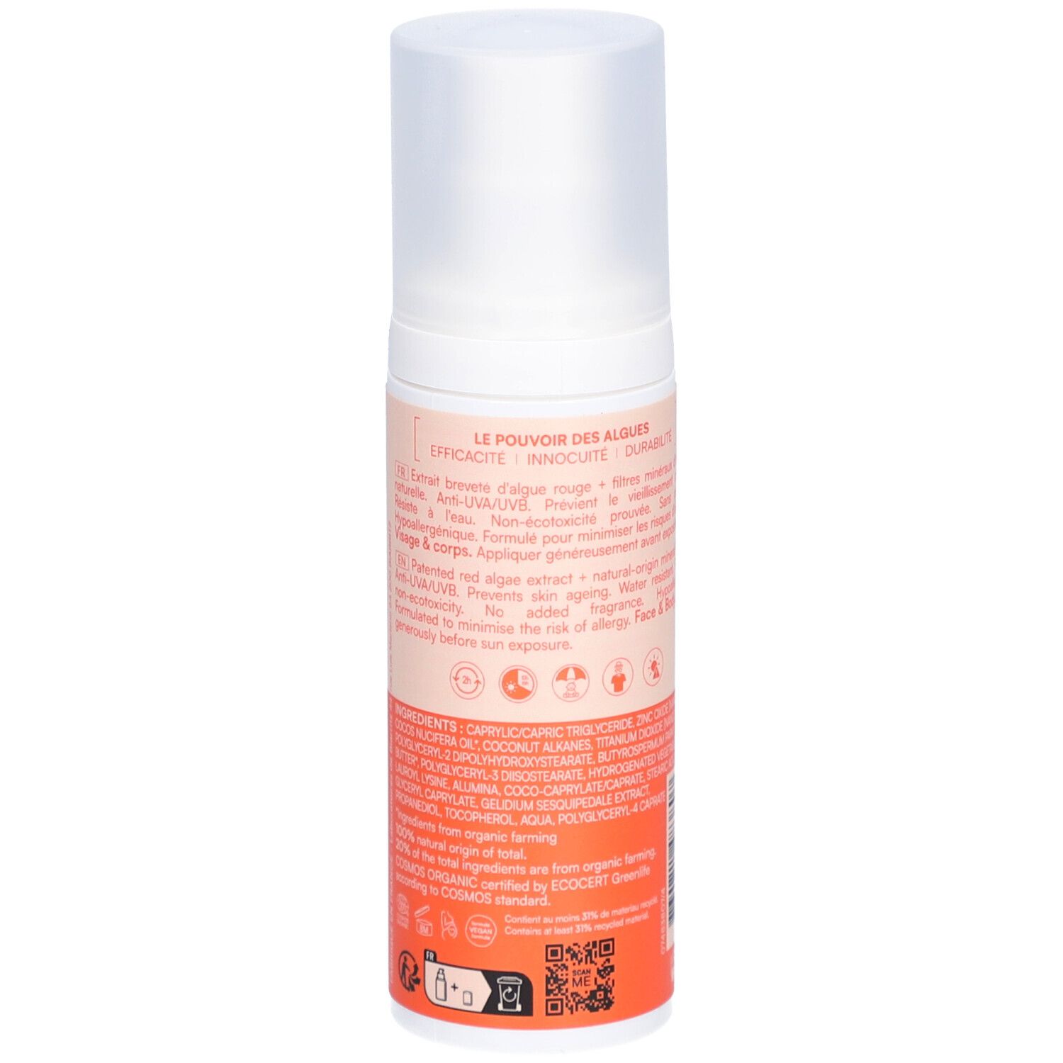 Dos du flacon de lotion solaire. Texte: Extrait d'algues, Anti-UVA/UVB, visage & corps. Certifications.