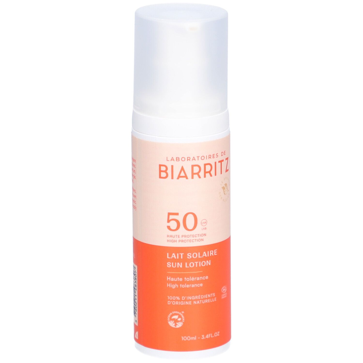 Flacon de lotion solaire. Distributeur blanc, base orange. Texte: LABORATOIRES DE BIARRITZ, SPF 50, Lait Solaire Sun Lotion.