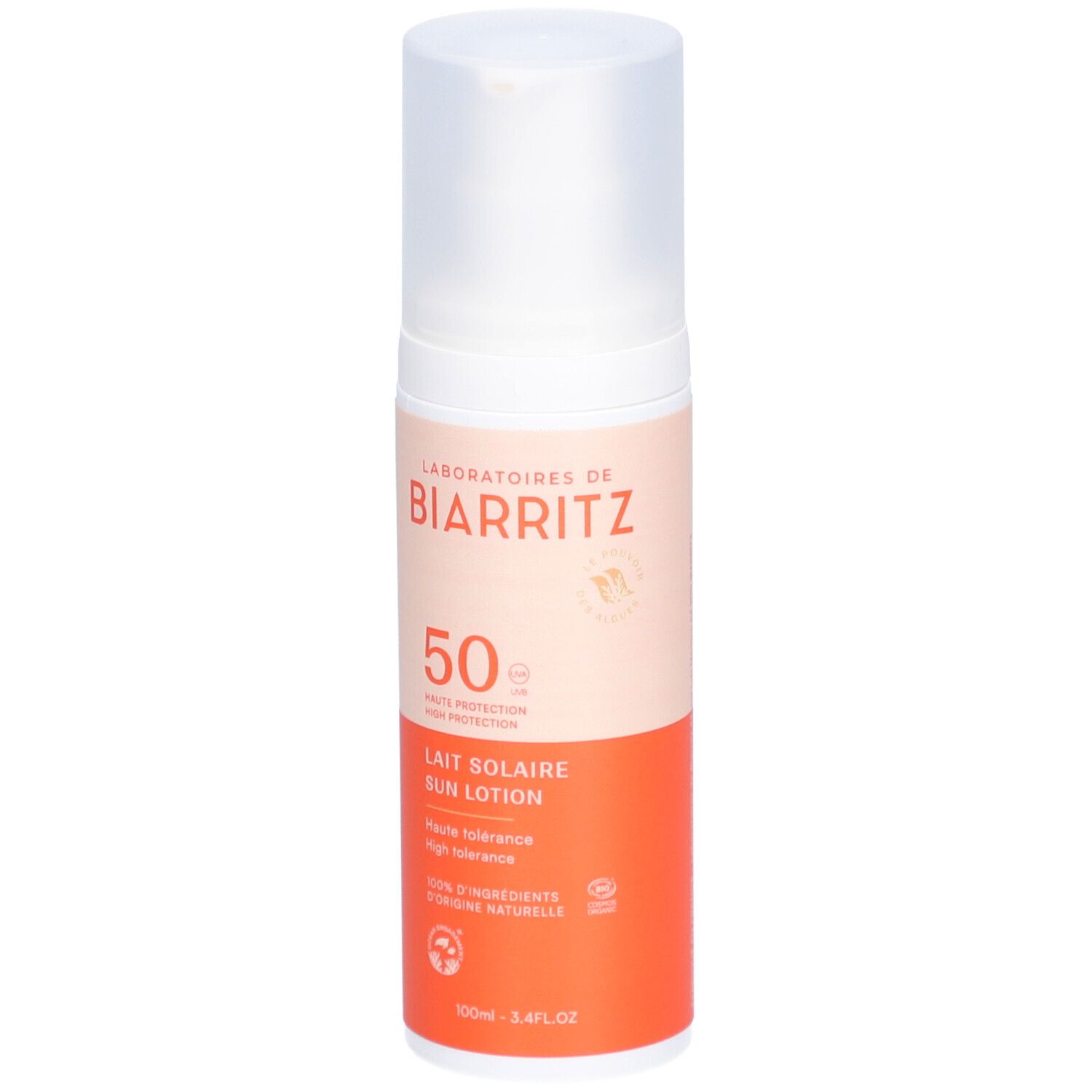 Flacon de lotion solaire. Distributeur blanc, base orange. Texte: LABORATOIRES DE BIARRITZ, SPF 50, Lait Solaire Sun Lotion.