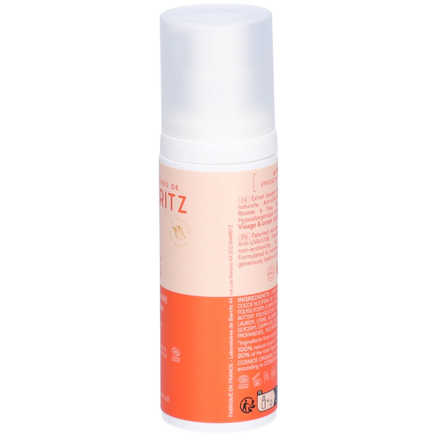 Dos du flacon de lotion solaire. Texte: Extrait d'algues, Anti-UVA/UVB, visage & corps. Certifications.