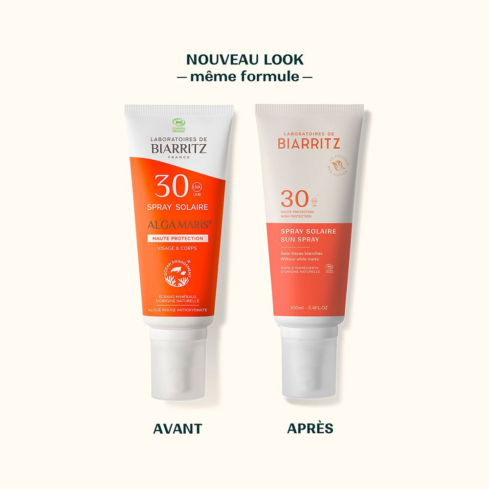 Vergelijking: LABORATOIRES DE BIARRITZ Zonnebrand Spray SPF30, oud en nieuw.