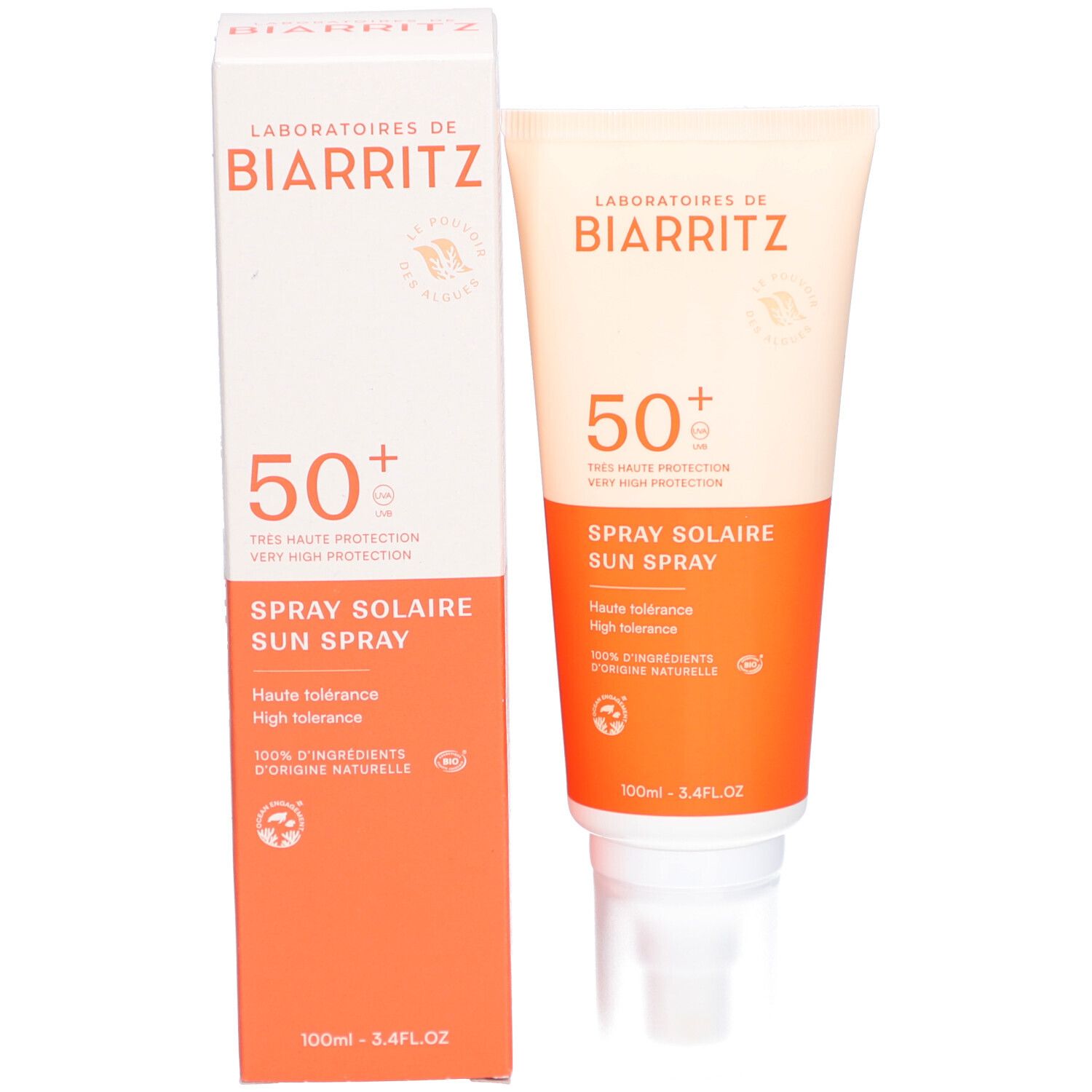 Tube et boîte de crème solaire. Design blanc et orange. SPF 50+. Texte: Spray Solaire.