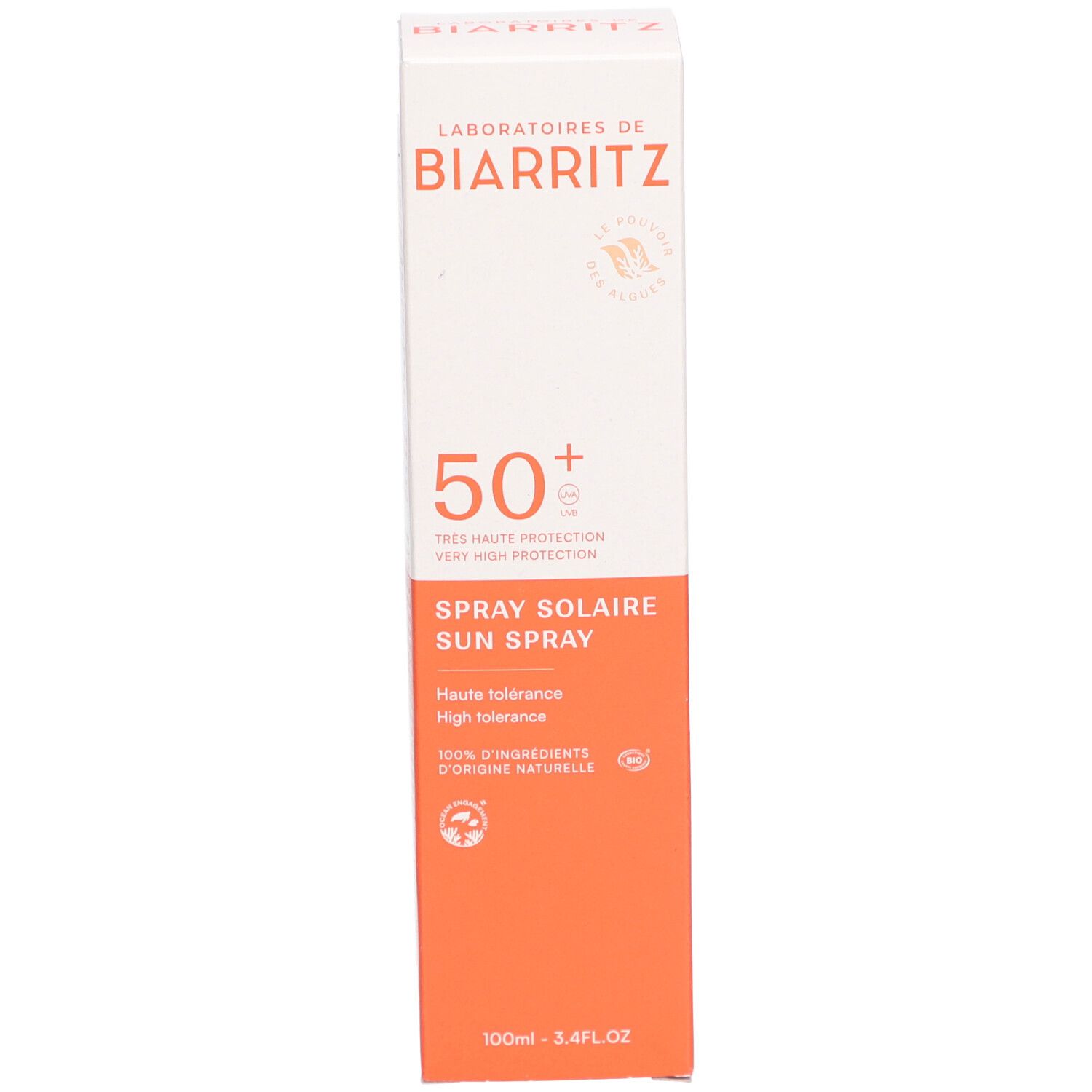 Boîte de spray solaire. Design blanc et orange. SPF 50+. Texte: Spray Solaire, 100ml.