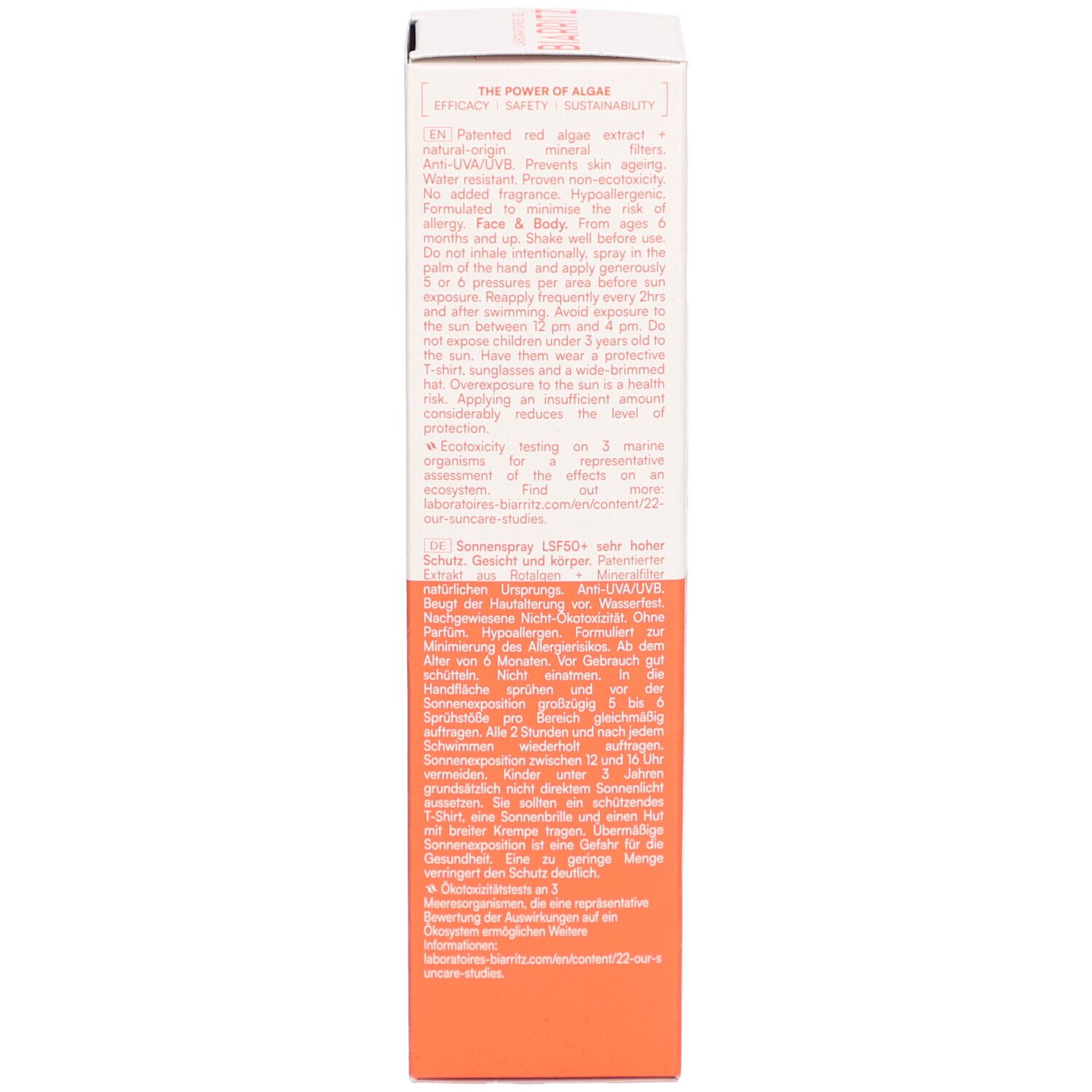Dos de la boîte de protection solaire. Texte en anglais et allemand. SPF 50+.