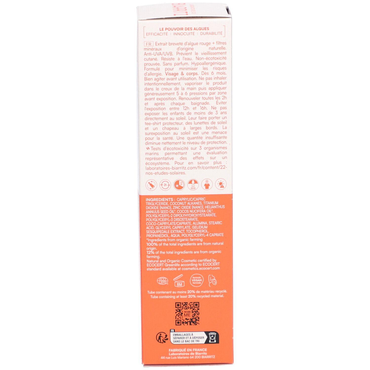 Dos de la boîte de protection solaire. Texte en français. Ingrédients et certifications.