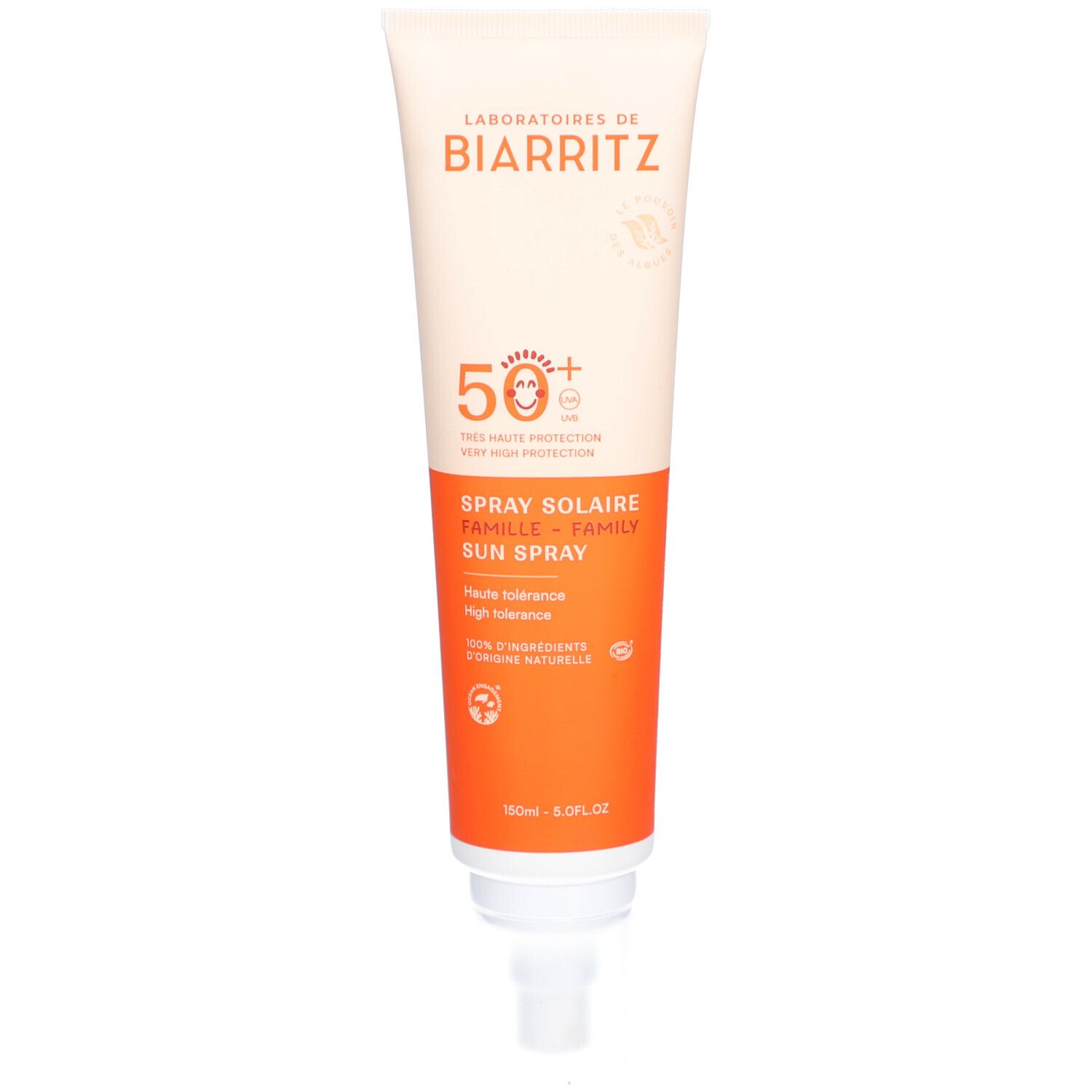 Spray solaire, tube blanc-orange. SPF 50+. Texte: Spray Solaire Famille, 150ml.
