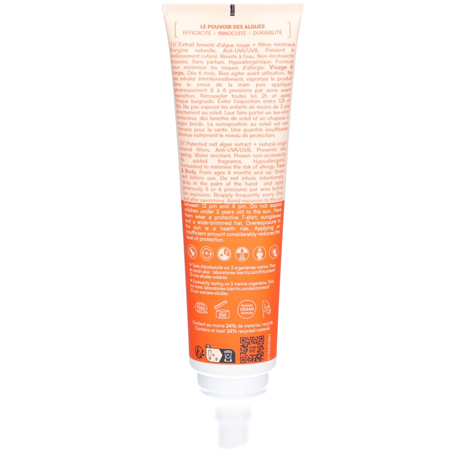 Dos du tube de spray solaire. Texte et logos sur fond orange.