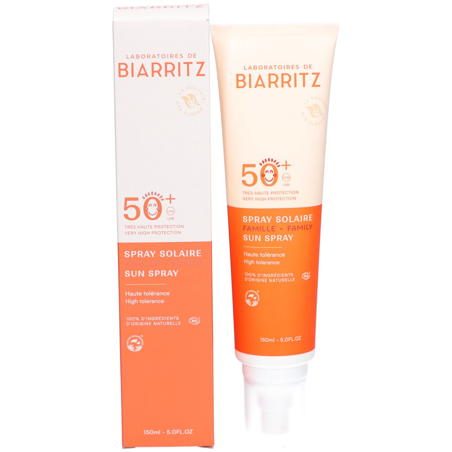 Spray solaire et emballage. Tube et boîte blanc-orange. SPF 50+.