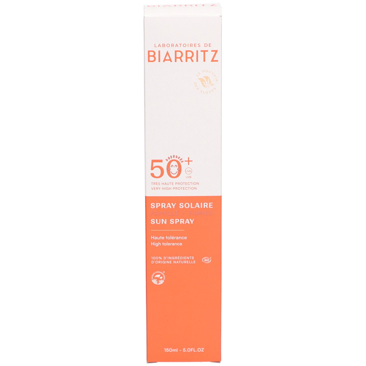 Emballage de crème solaire, blanc-orange. Texte: Spray Solaire, SPF 50+.